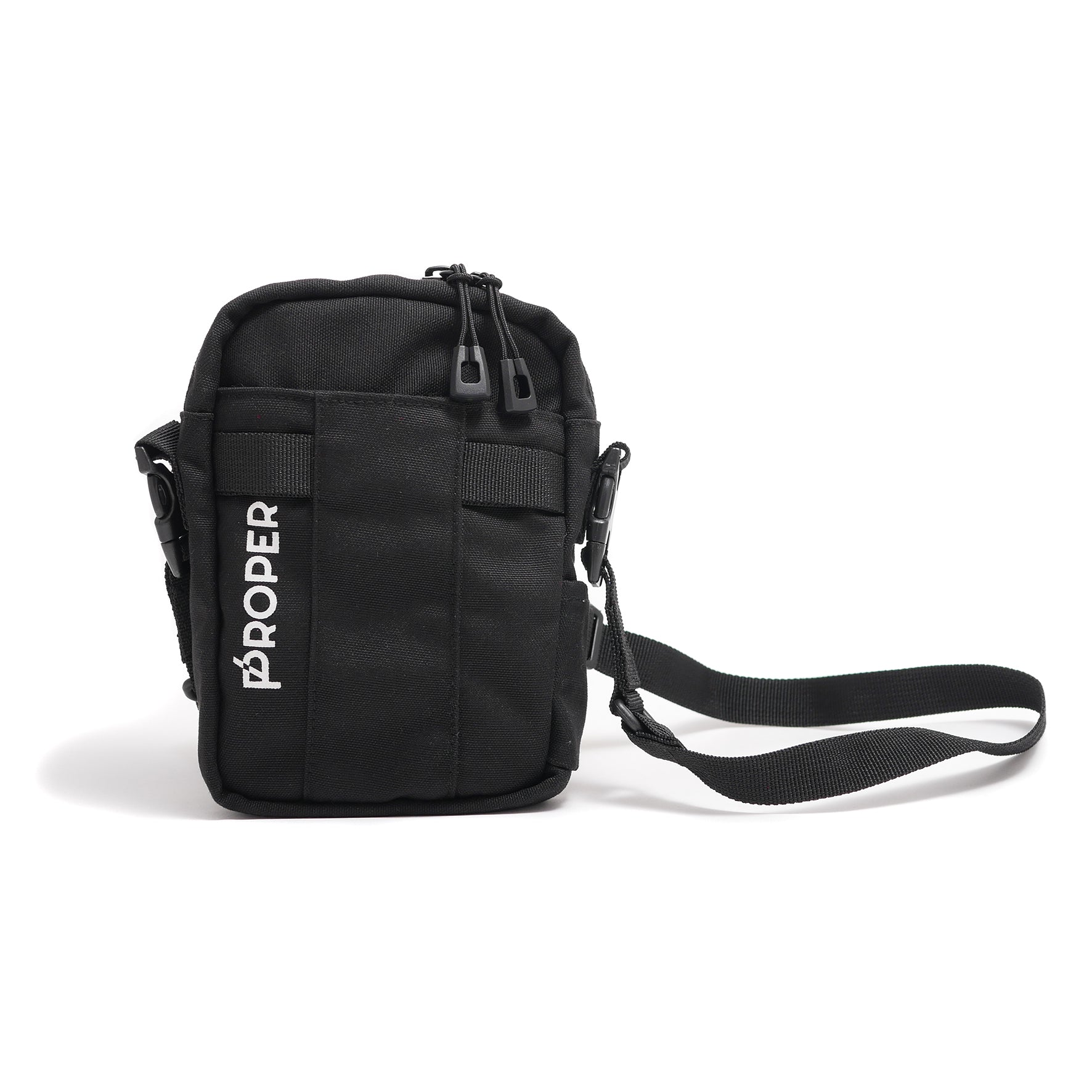 A black mini sling bag with multiple compartments, a key hook, and a durable shoulder strap. The brand 'PROPER' is visible on the front.