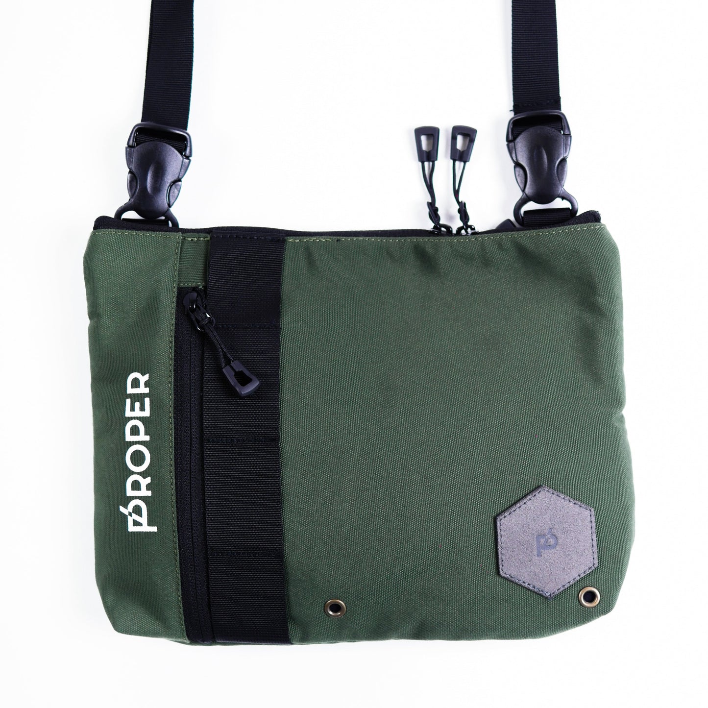 A green color proper compact sling bag with multiple compartments and a zippered back pocket, featuring a white brand logo on the front.