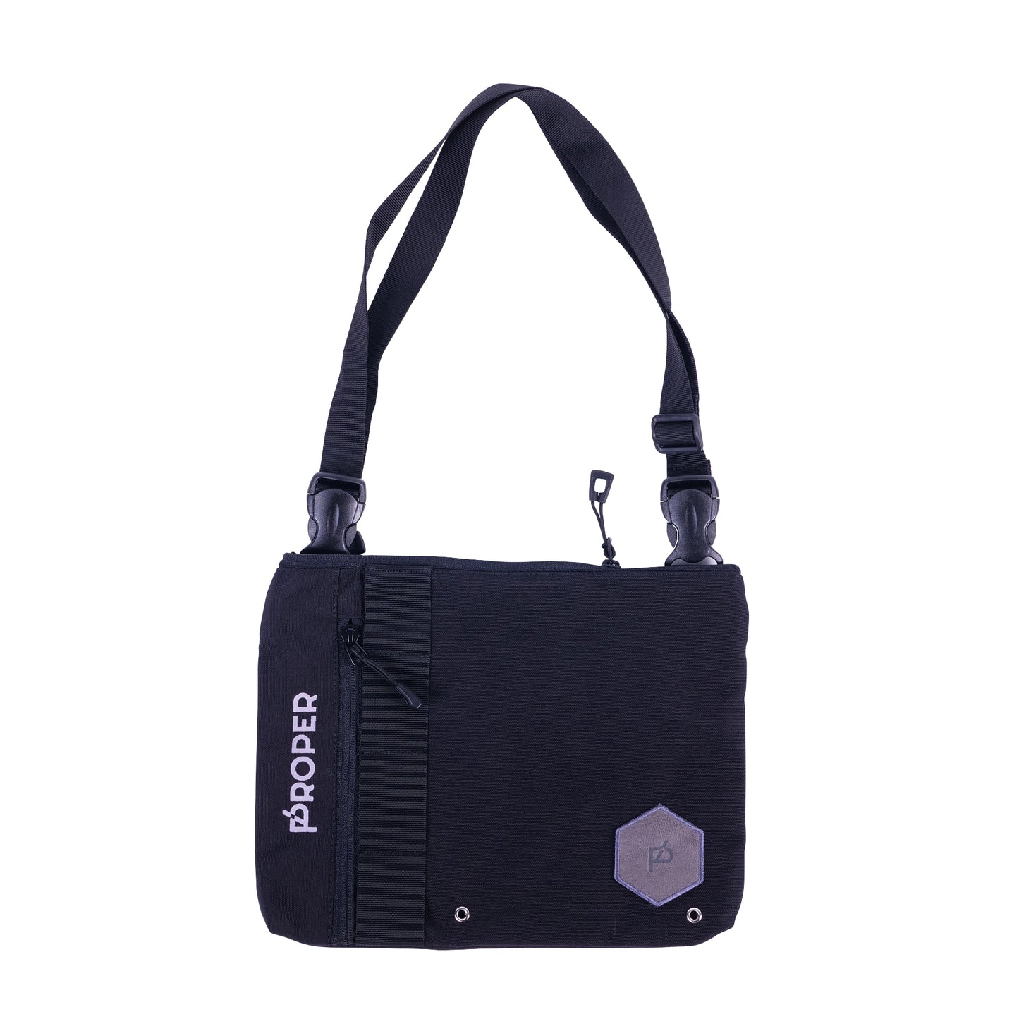 A black proper compact sling bag with multiple compartments and a zippered back pocket, featuring a white brand logo on the front.