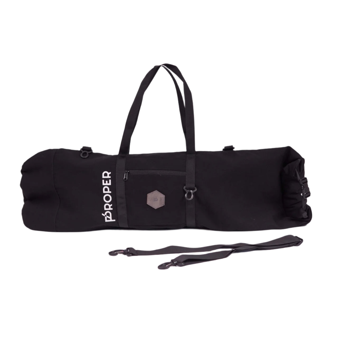 A black Proper Authentic Skate Bag with a shoulder strap, a small front pocket, and a zippered back pocket, made from water-resistant canvas fabric.