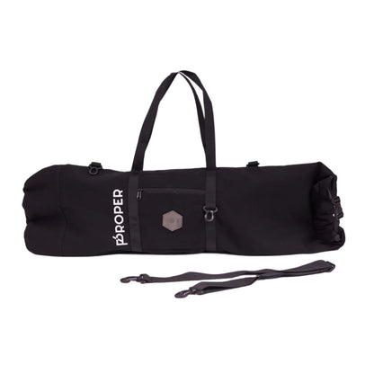 A black Proper Authentic Skate Bag with a shoulder strap, a small front pocket, and a zippered back pocket, made from water-resistant canvas fabric.