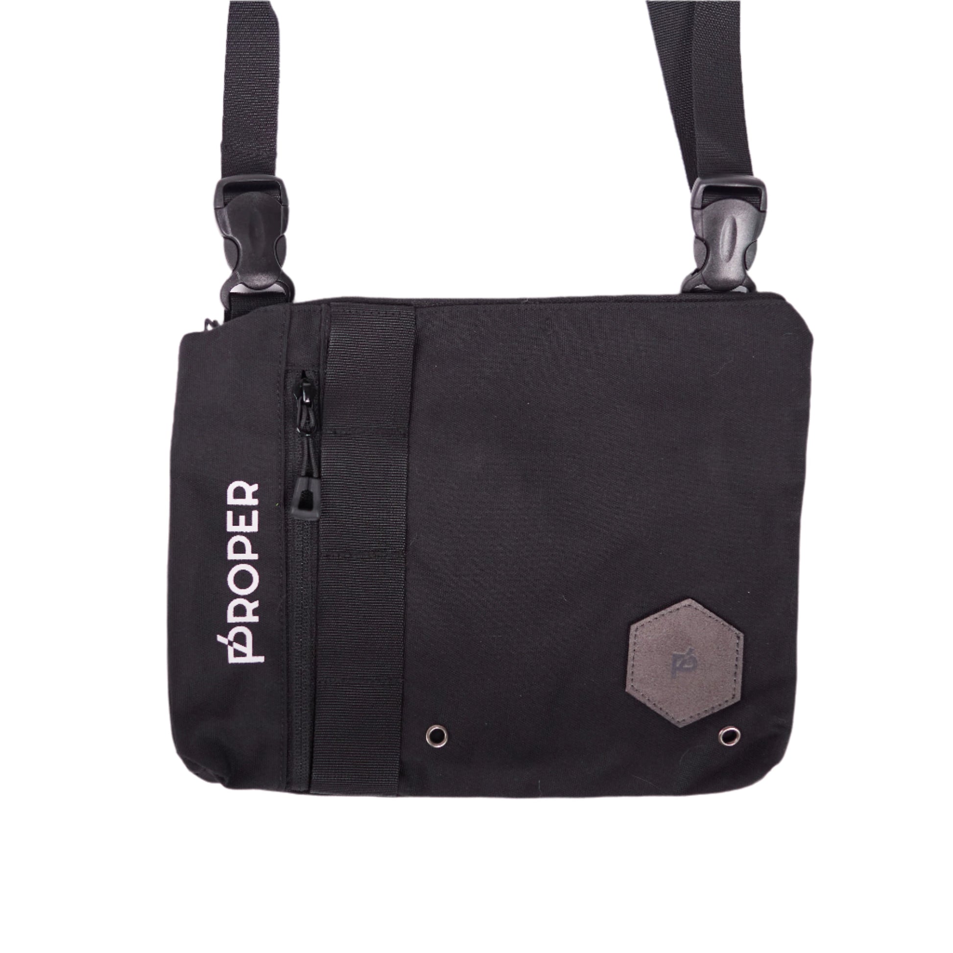 A black proper compact sling bag with multiple compartments and a zippered back pocket, featuring a white brand logo on the front.