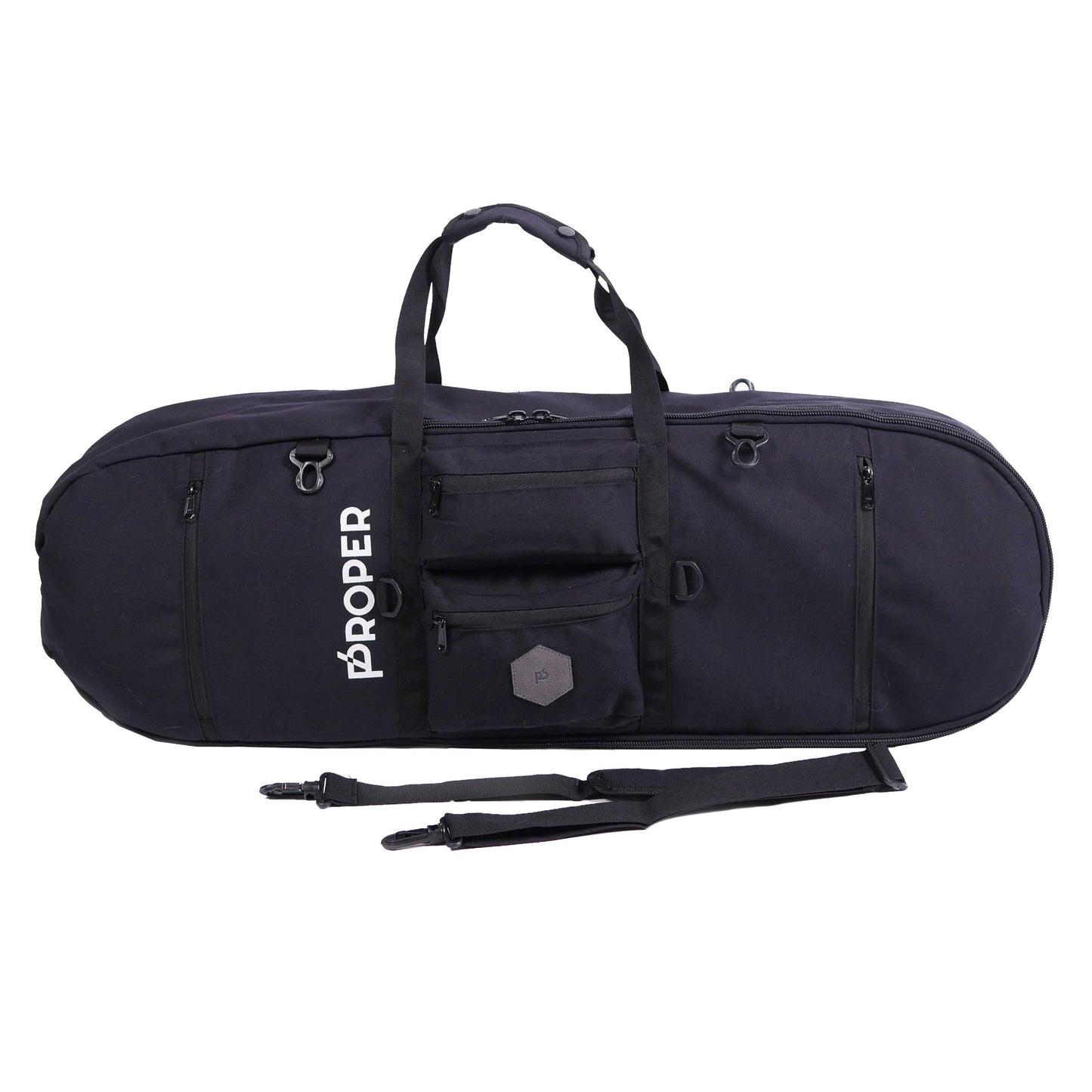 A black skateboard bag with multiple compartments and a shoulder strap. The brand 'Proper' is visible on the side of the bag.
